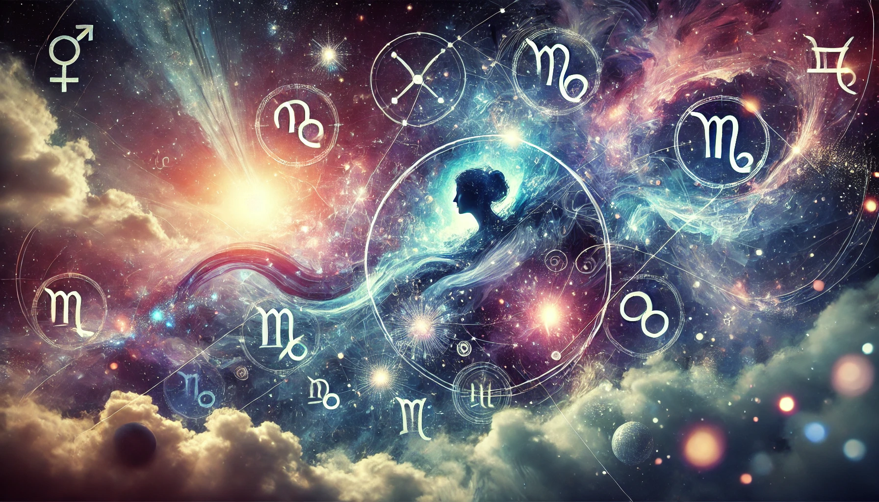 Reprezentare abstractă a armoniei astrologice, cu constelații, simboluri zodiacale și corpuri planetare într-o compoziție suprarealistă.