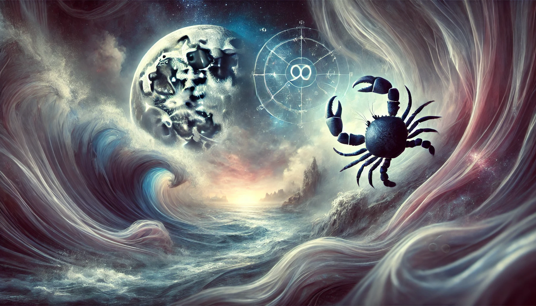 Peisaj mistic unde apa se contopește cu cerul de noapte, cu Luna și simboluri astrologice ale Racului.
