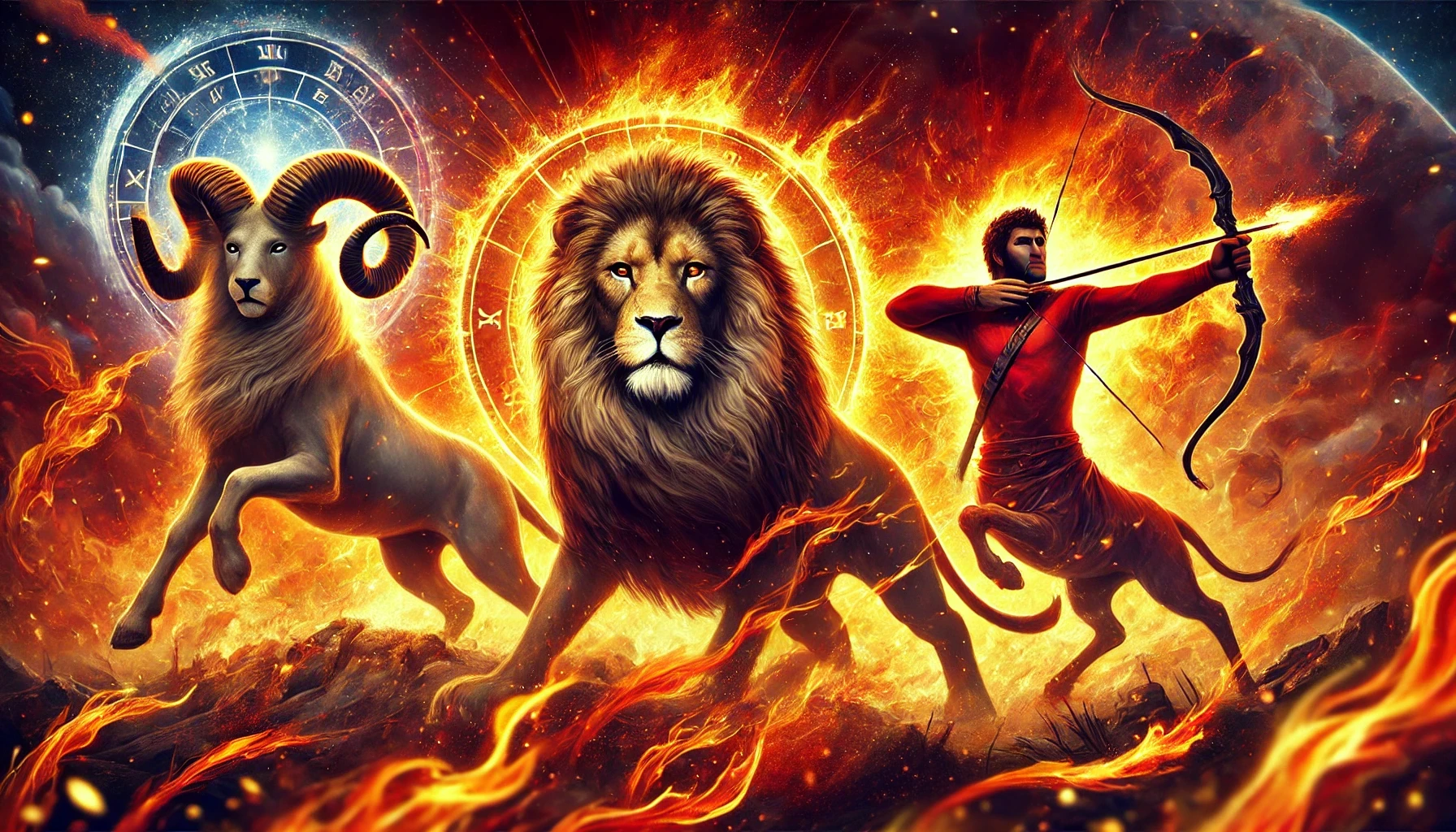 A vibrant and dynamic image depicting the Fire Zodiac signs (Aries, Leo, Sagittarius) with intense flames and warm colors, featuring a ram, a lion, and a centaur archer, symbolizing leadership, courage, and creativity.
