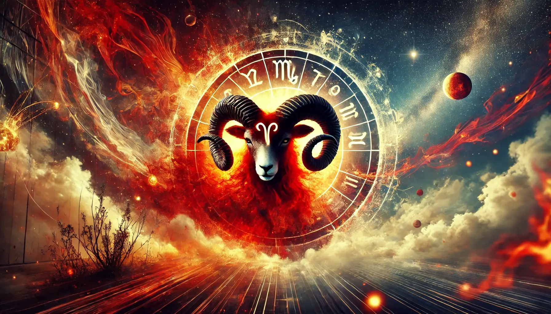 Imagine abstractă și suprarealistă a semnului zodiacal Berbec, evocând energie și simbolul începuturilor.