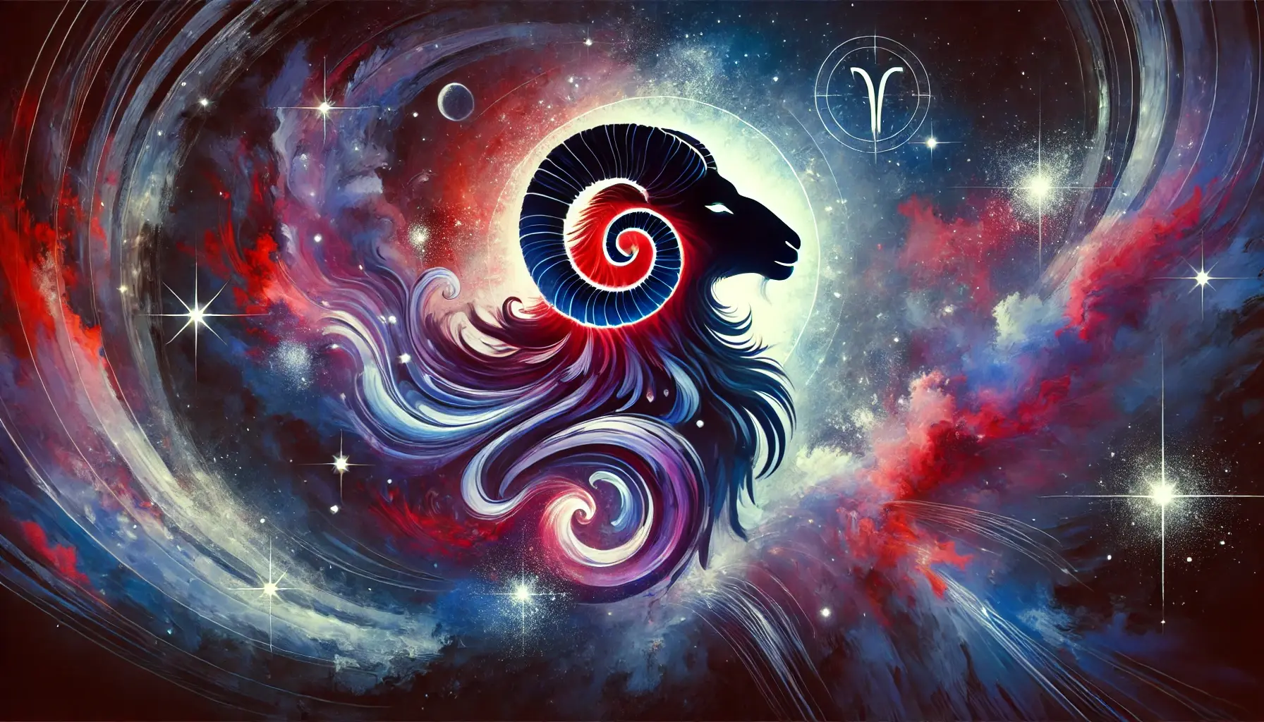 Compoziție abstractă a semnului zodiacal Berbec, cu elemente cosmice și silueta unui berbec în culori vibrante.