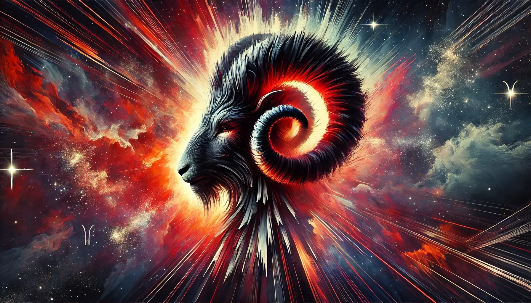 Imagine abstractă ce reprezintă semnul zodiacal Berbec, cu accente pe spiritul de lider și elemente cosmice.
