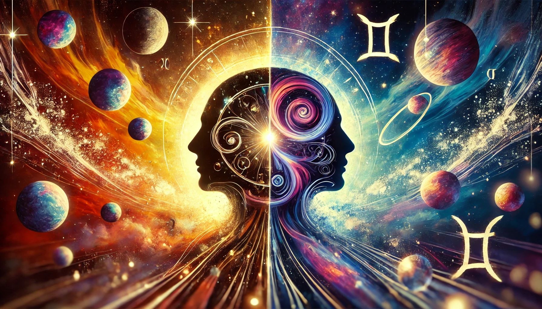 Siluete umane abstracte reflectând dualitatea Gemenilor, cu corpuri despărțite de lumini vibrante și planete care se rotesc pe fundalul cosmic.