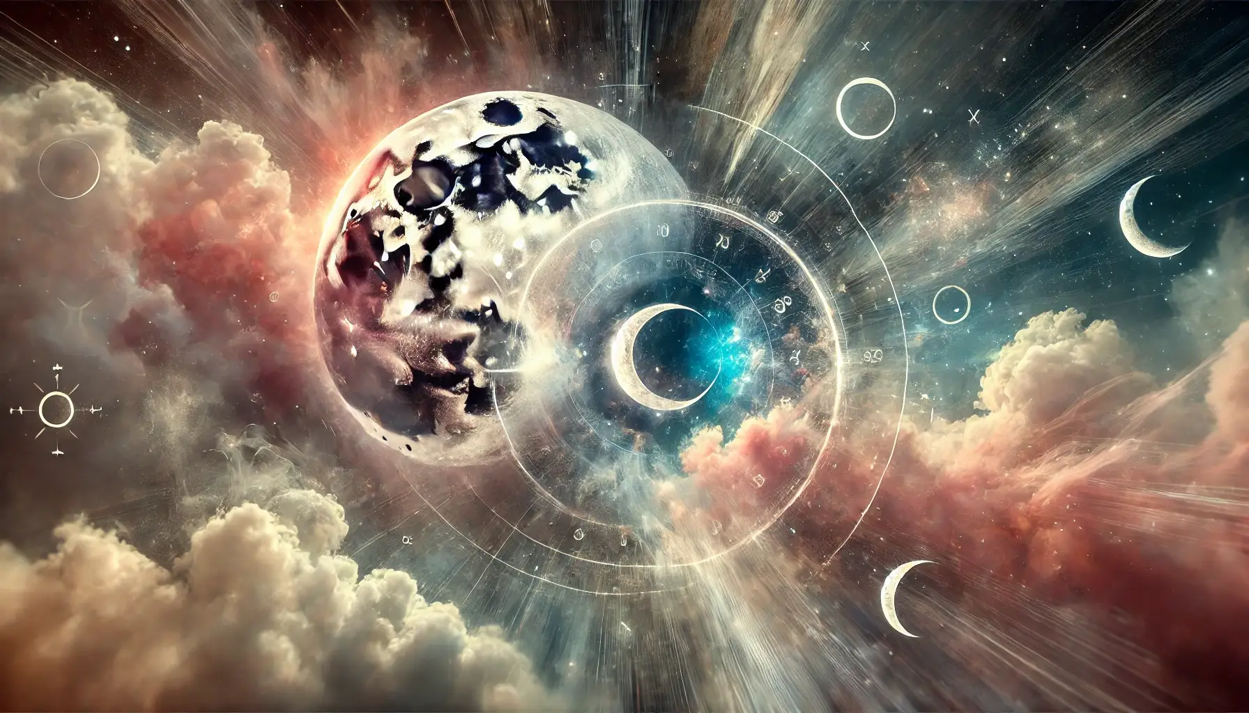 Imagine abstractă cu elemente cosmice, simboluri astrologice și forme fluide, reprezentând o eclipsă în stil experimental.