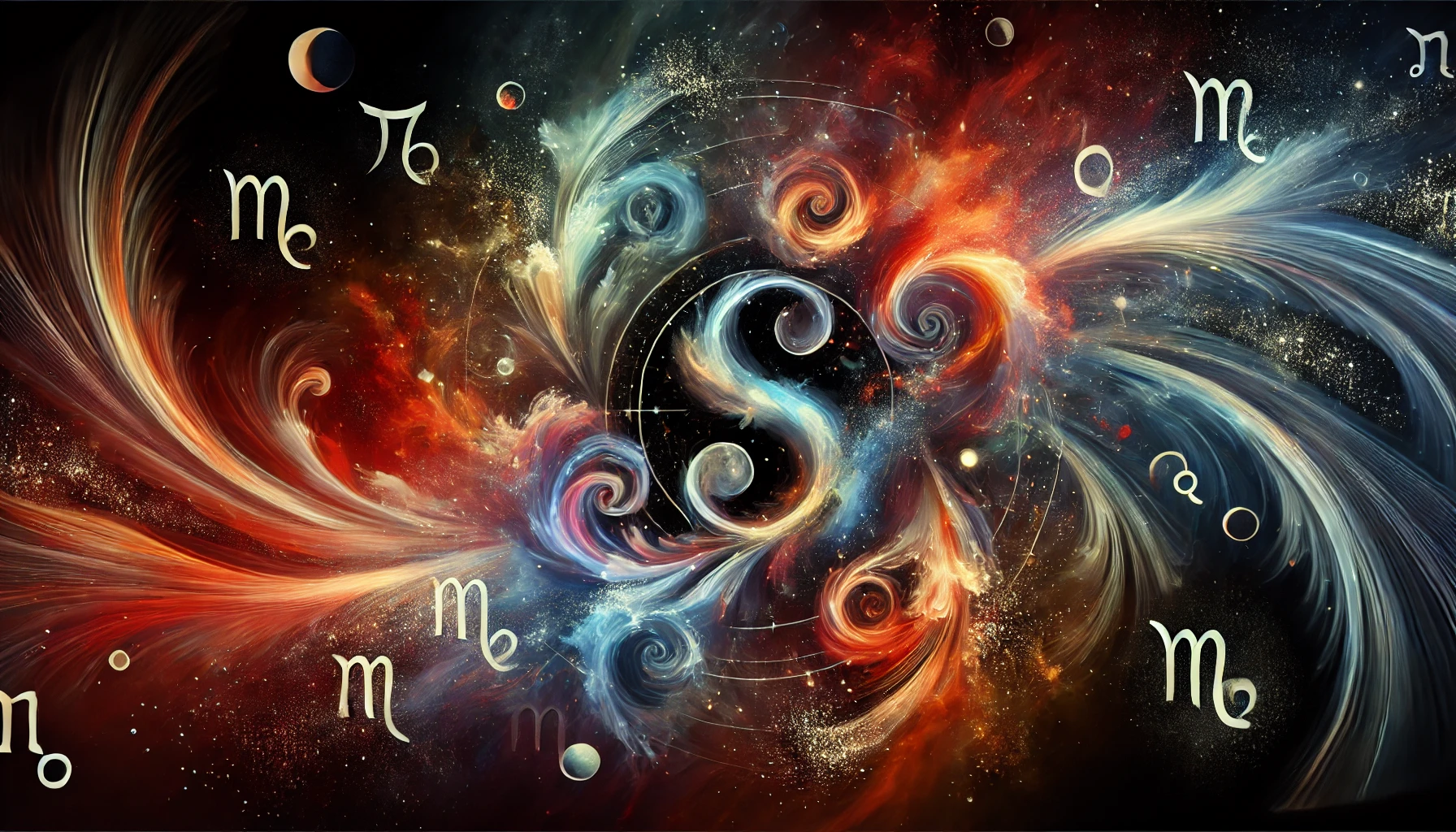 Imagine experimentală cu forme dinamice și fluide, simbolizând energia semnelor zodiacale și echilibrul cosmic al elementelor naturale.
