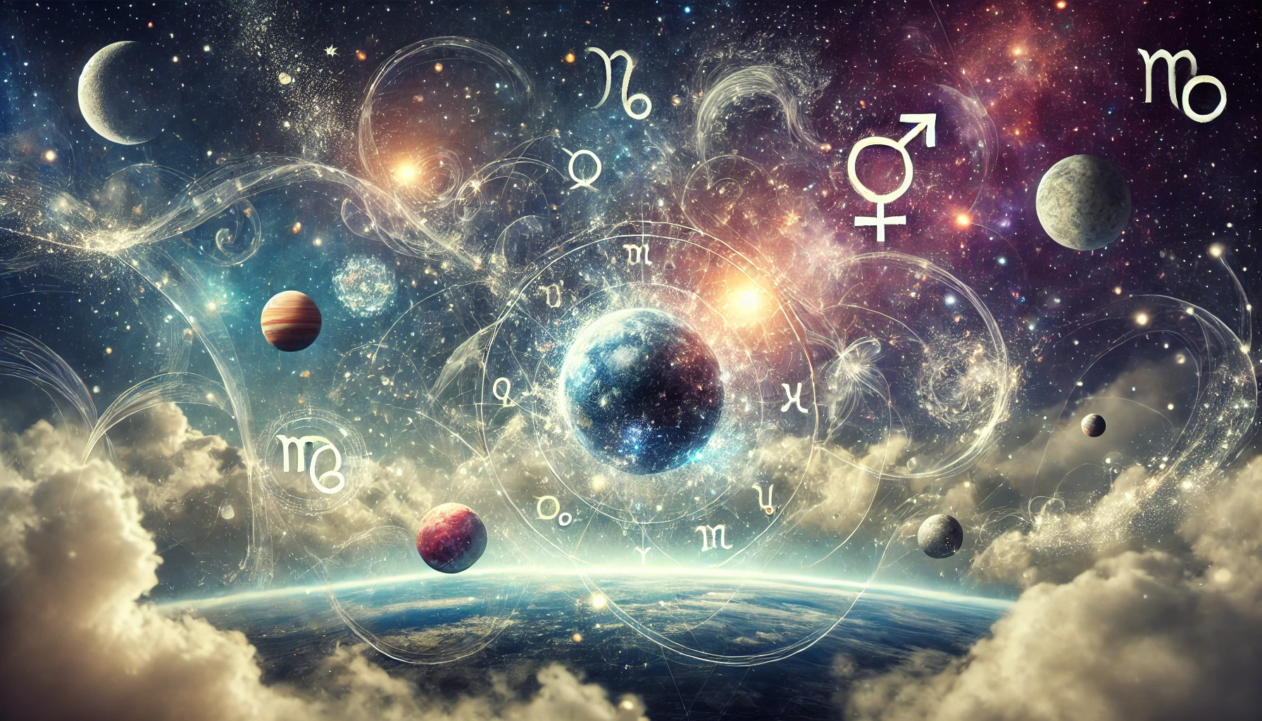 O fotografie suprarealistă cu planete, simboluri zodiacale și praf cosmic strălucitor pe fundalul spațiului întunecat.
