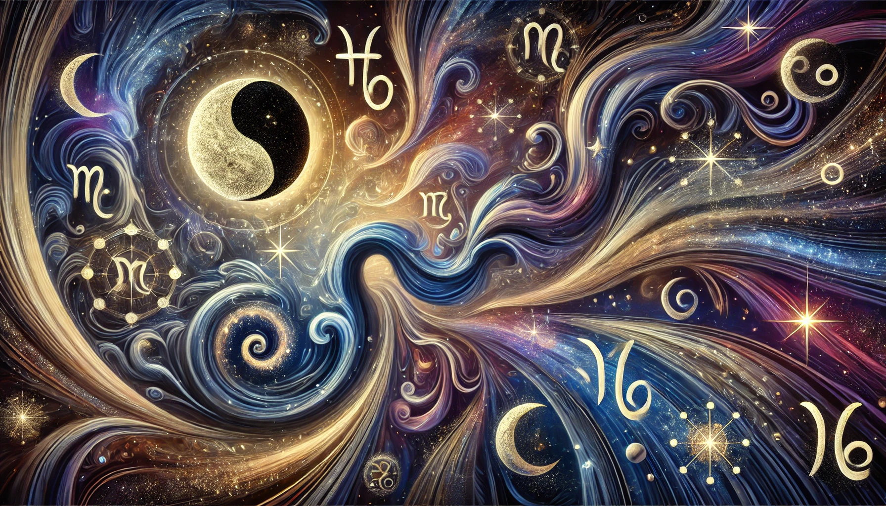 Imagine abstractă și suprarealistă, reprezentând misterul semnelor zodiacale cu elemente astrale precum stele, lună și simboluri astrologice.