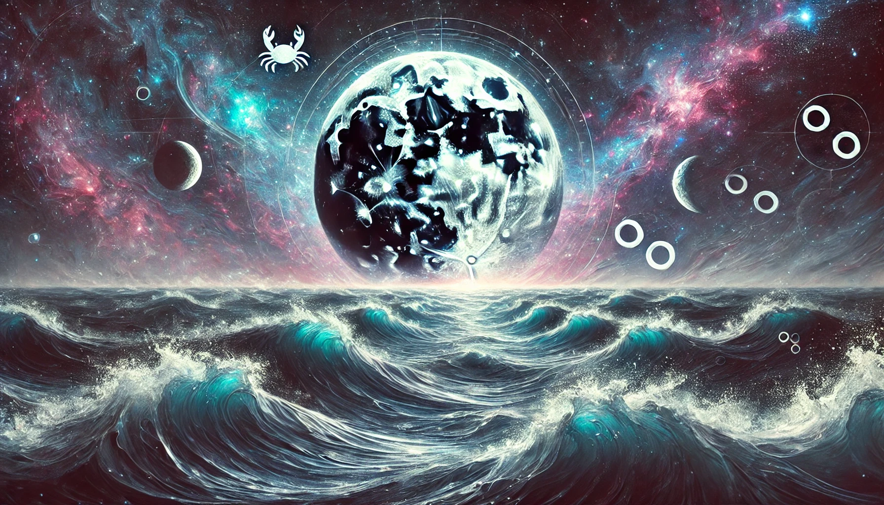 Suprafața unui ocean de vis se contopește cu cerul înstelat, iar o lună plină domină scena.