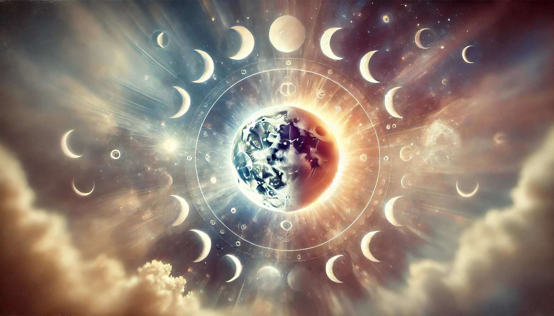 : Fotografie abstractă cu corpuri cerești estompate și simboluri astrologice, ce evocă energia transformativă a eclipselor.