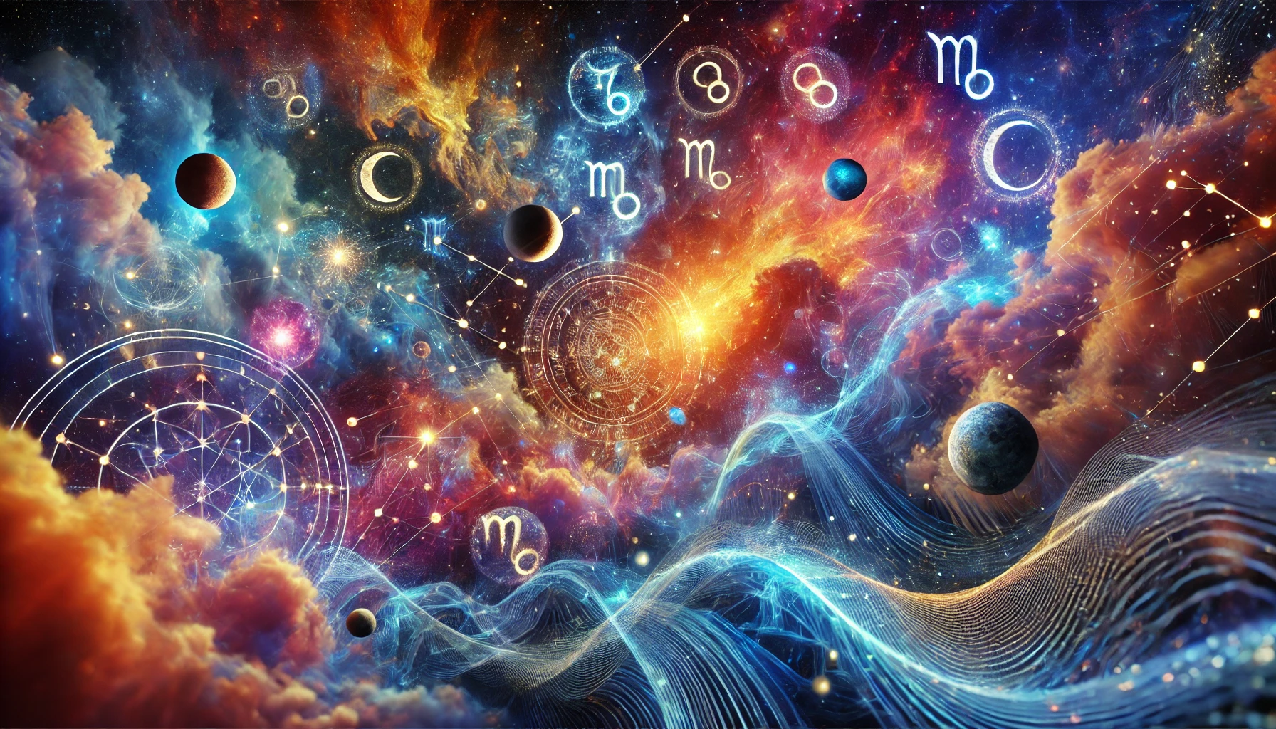O scenă suprarealistă cu constelații, semne zodiacale și planete care plutesc în spațiul cosmic luminos.