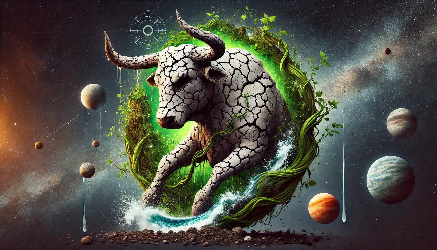 Figurile unui taur create din pământ crăpat și viță verde, cu apă curgătoare și simboluri cosmice.