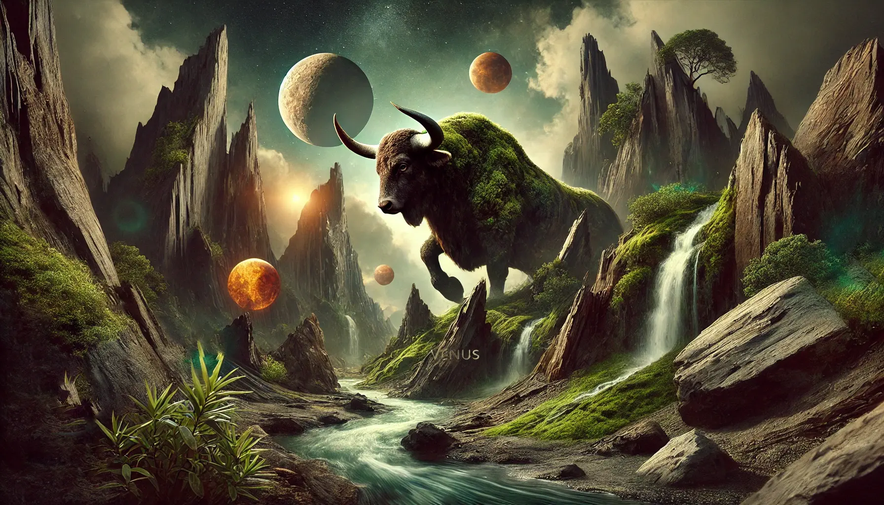 Un taur emergând dintr-un peisaj de munți și râuri, înconjurat de simboluri astrologice și vegetație.