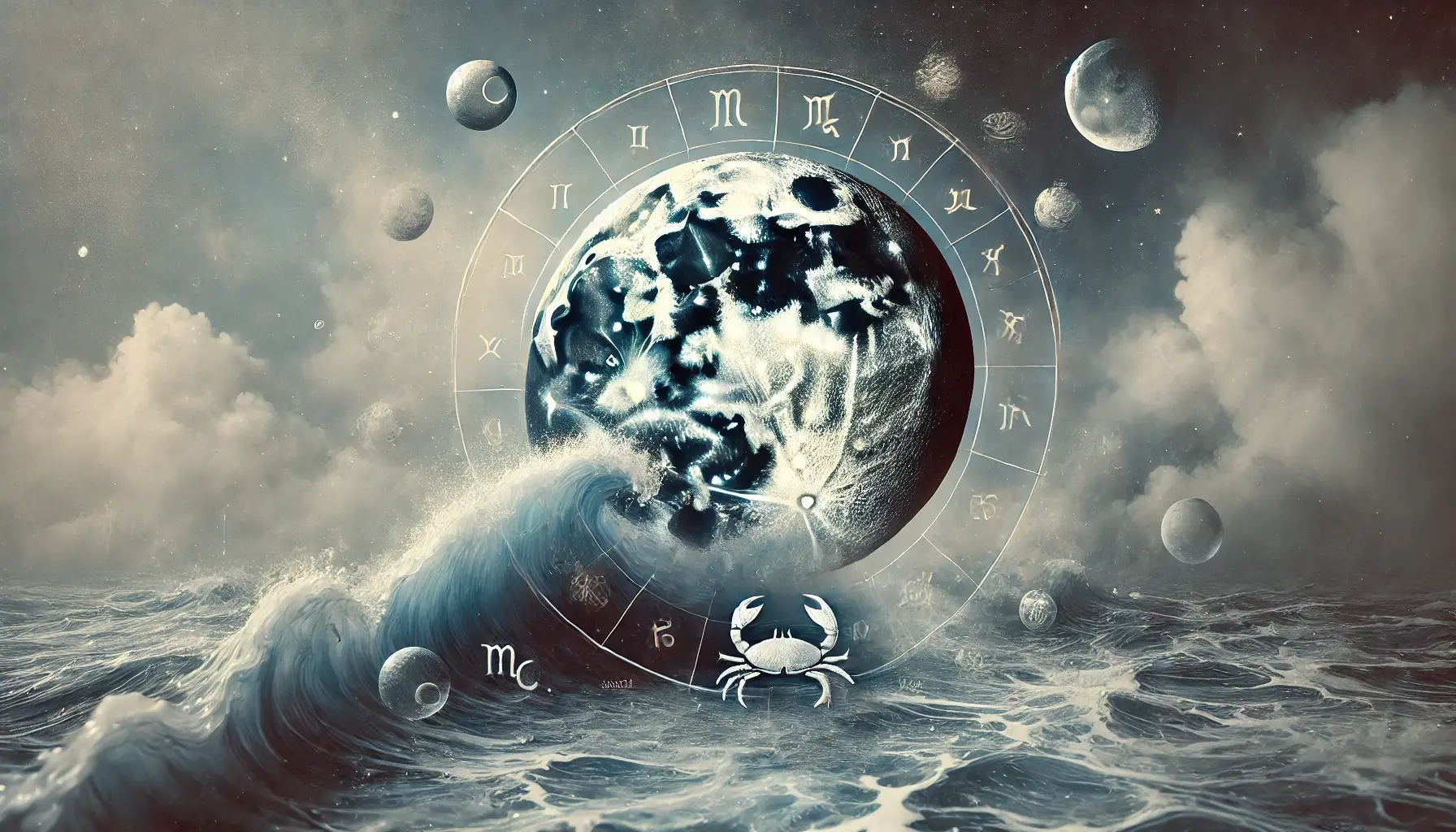 Imagine abstractă a texturilor moi de apă și a simbolurilor astrologice, inclusiv crabul și fazele lunii.